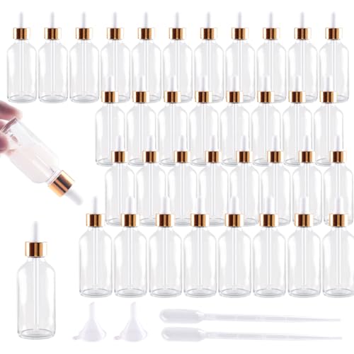 36 Pack 2oz Clear Glass Dropper Bottles, 60ml Glass Eye Dropper Bottles for Essential Oils, Perfumes, Laboratory Use (Gold & dropper, 2oz-36Pack) - color: Gold & Dropper, size: 2oz-36Pack