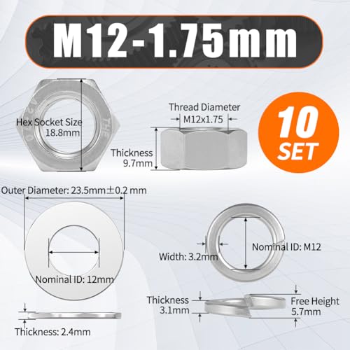 M12 Nuts and Washers Assortment Kit, Hex Nut Spring Washer Flat Washer - color: steel gray, size: Metric M12