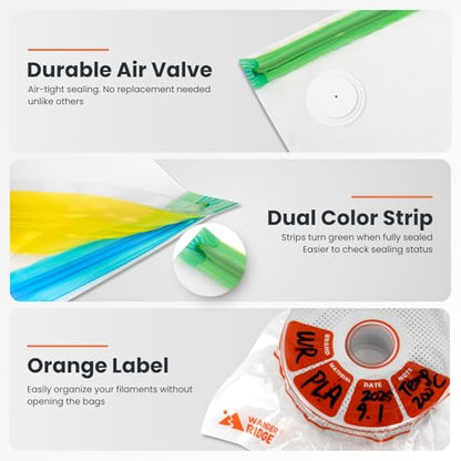 3D Filament Storage Vacuum Bundle – Vacuum Storage Bags with Electric Pump & Rechargeable Desiccant Packs, Moisture Control Kit for 3D Printer Filament