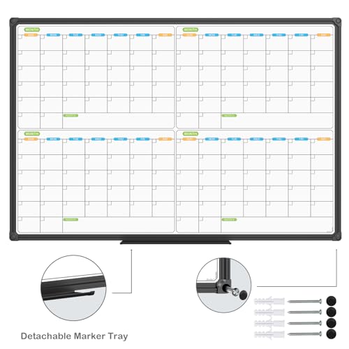 JILoffice Magnetic Dry Erase Calendar Whiteboard, 4 Month White Board Planner 36 X 24 Inch, Black Aluminum Frame Wall Mounted Board for Office Home and School - color: Black, size: 24"W x 35.8"H