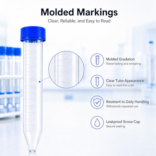 15mL Conical Centrifuge Tubes, Blue Screw Caps, Molded Graduation, 100 PCS