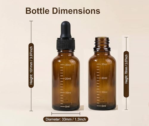ericotry 3 Pcs 30ml 1oz Empty Refillable Amber Glass Graduated Dropper Bottle Essential Oil Cosmetics Elite Fluid Container Jar Pot Holder with Glass Pipette Dropper - size: 30 ml