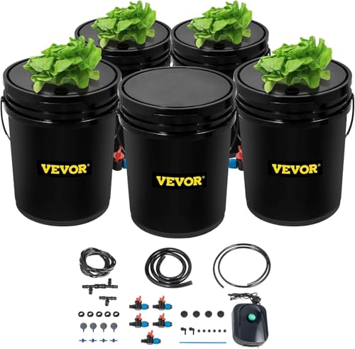 VEVOR 5 Buckets DWC Hydroponic System, 5 Gallon, Deep Culture, Plants Grow Kit with Pump, Air Stone and Water Level Device, for Indoor/Outdoor Leafy Vegetables, Black - style: 5 Buckets