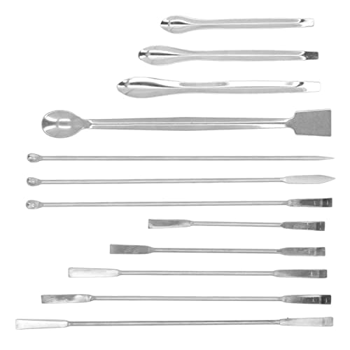 12Pcs Laboratory Spatula Stainless Steel Scoop Spoon Tool Set for Experiment, Head Design, Long Handle, Premium 304 Stainless Steel, Cloth Bag Included
