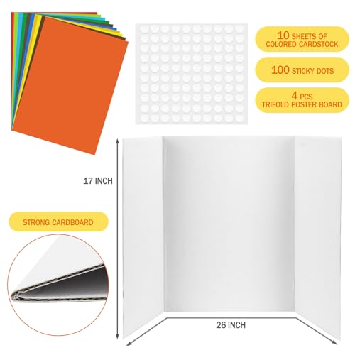 4 Pcs Trifold Poster Board, White Presentation Board Comes with Cardstock & Sticky Dots, Corrugated Display Board for School exhibitions, Business Presentations, 26 x 17 in