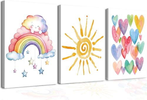 Rainbow Sun Heart Framed Canvas Wall Art,Pink Watercolor Decor 12x16in - color: 16x12inch (Framed)c