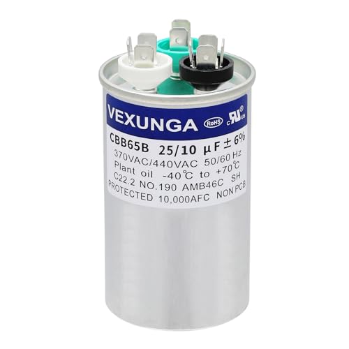 VEXUNGA 25/10 uF 25+10 MFD 370VAC or 440VAC Dual Run Start Round A/C Capacitor CBB65 Air Conditioner Capacitors for AC Unit Fan Motor Start or Heat Pump or Condenser Straight Cool - style: [V05] 25+10 uF Round
