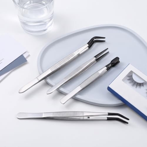 4PCS Tweezers with Rubber Tips, Black Stainless Steel Tweezers for Crafts