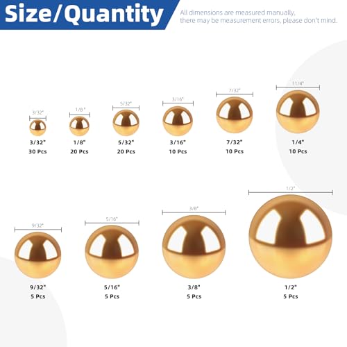 Glarks 120pcs 3/32’’-1/2’’ 10 Sizes Precision Solid Brass Bearing Balls Assortment, Yellow Brass Hardness Round Balls, Industrial Bearing Ball for for Machinery, Automotive, Valves - size: 3/32"-1/2"