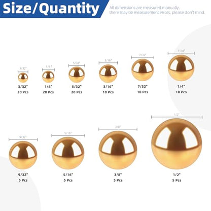 Glarks 120pcs 3/32’’-1/2’’ 10 Sizes Precision Solid Brass Bearing Balls Assortment, Yellow Brass Hardness Round Balls, Industrial Bearing Ball for for Machinery, Automotive, Valves - size: 3/32"-1/2"