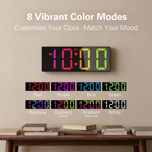 JALL Digital Wall Clock with Big LED Numbers for Classroom, Wall Clock with 8 RGB Colors for Senior, Digital Clock with Auto DST, Night Light for Bedroom (Black) - color: Black, size: 12 inches