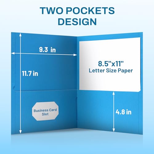 SUNEE Two Pocket Folders, 50 Pack File Folders with Business Card Slot, Textured Paper, Fit Letter Size Paper, Paper File Folder for School Office Home Business, Blue - color: Blue