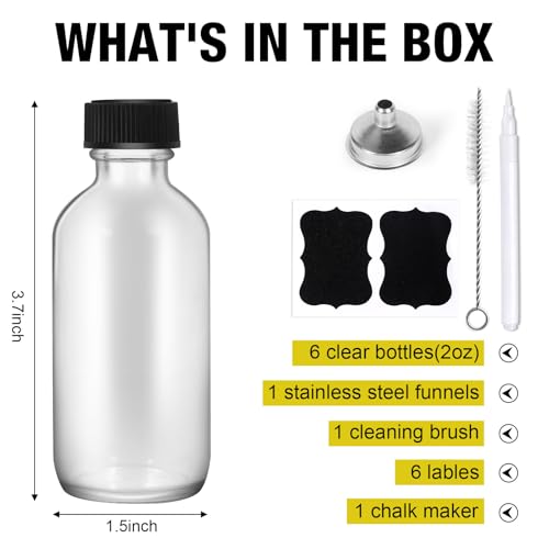 2oz 6-Pack Clear Glass Bottles with Lids, Leakproof Reusable Travel Kit