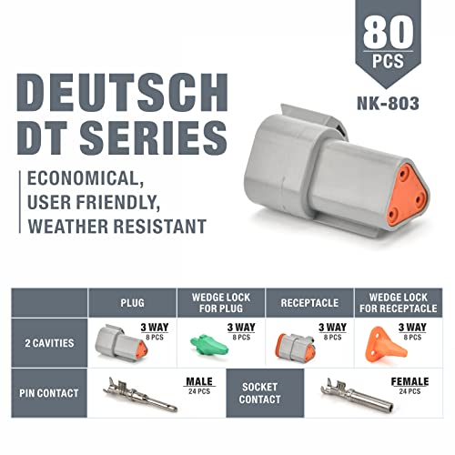 IWISS Deutsch 3 Pin DT Series Connectors, Size 16 Stamped Contacts, 3 Way Automotive Electrical Connectors, 80 Pieces - size: 3PIN(8 Pair)