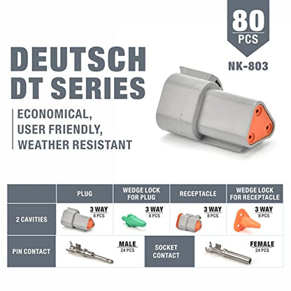 IWISS Deutsch 3 Pin DT Series Connectors, Size 16 Stamped Contacts, 3 Way Automotive Electrical Connectors, 80 Pieces - size: 3PIN(8 Pair)