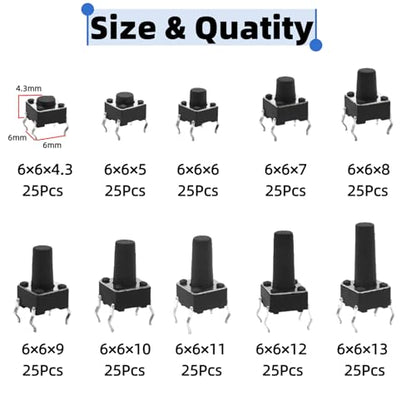 250PCS 10 Values 6x6mm Tactile Push Button Switch Assortment Kit 4 Pins Micro Momentary Tact Pushbutton Switches Set - style: 250 PCS 10 Values
