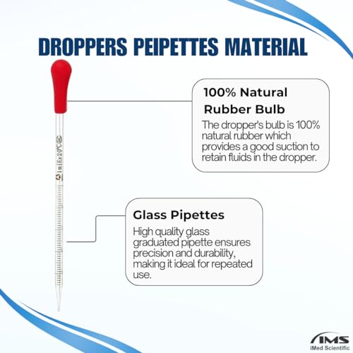 Multipurpose Glass Pipettes Droppers, 1ml Graduated, Red Rubber Head, Straight-Tip Calibrated Thick Glass to Transfer Fluid, Liquids, Essential Oils, Accurate Easy Dose & Measurement - 8" Long