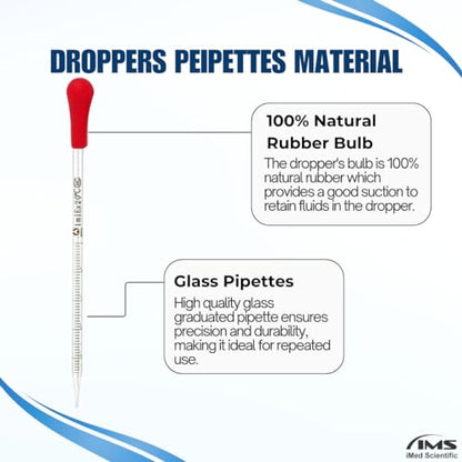 Multipurpose Glass Pipettes Droppers, 1ml Graduated, Red Rubber Head, Straight-Tip Calibrated Thick Glass to Transfer Fluid, Liquids, Essential Oils, Accurate Easy Dose & Measurement - 8" Long