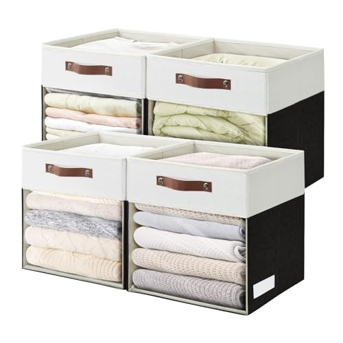 Bagnizer Storage Cubes, 4 Pack Linen Foldable Storage Bins with Clear Window and 2 Handles, 13x15x13 Storage Cube Bins for Shelf Closet, Kallax, Clothes, Books - (Black / Off-White) - color: Black / Off-White, size: 13 x 15 x 13