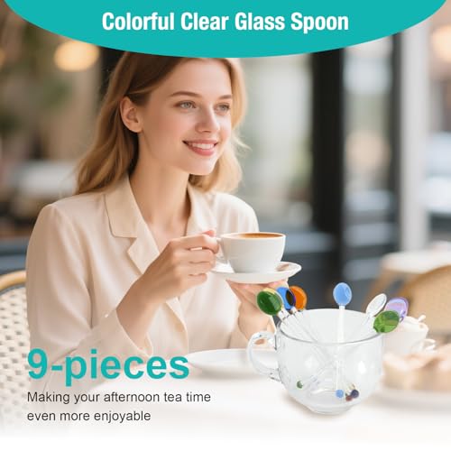 JEPELUS 9Pcs Colorful Glass Spoon, Stirring Spoons for Coffee Stirrers