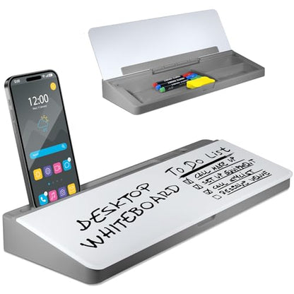 Desktop Whiteboard - Glass Dry Erase White Board - Desk Computer Buddy – Home Office & Studying Essentials - Desktop Pad with Phone & Tablet Slot, Storage Compartment - Includes 4 Markers, 1 Eraser