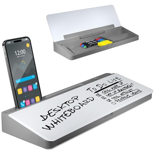 Desktop Whiteboard - Glass Dry Erase White Board - Desk Computer Buddy – Home Office & Studying Essentials - Desktop Pad with Phone & Tablet Slot, Storage Compartment - Includes 4 Markers, 1 Eraser