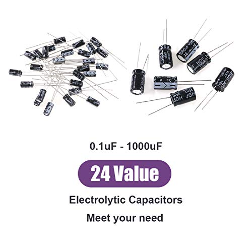 Swpeet 240Pcs 24 Kinds Different Electrolytic Capacitors Range 0.1uF－1000uF Assortment Kit, 10V/16V/25V/50V Aluminum Radial Electrolytic Capacitors for TV, LCD Monitor, Radio, Stereo, Game
