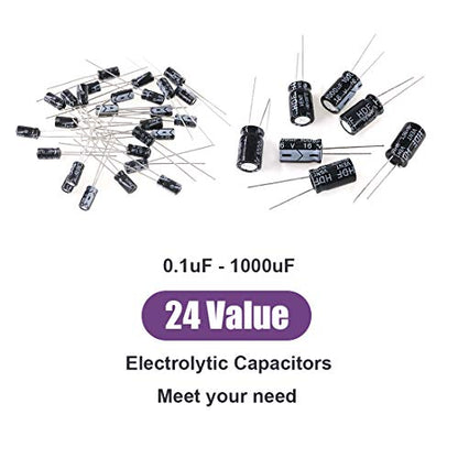 Swpeet 240Pcs 24 Kinds Different Electrolytic Capacitors Range 0.1uF－1000uF Assortment Kit, 10V/16V/25V/50V Aluminum Radial Electrolytic Capacitors for TV, LCD Monitor, Radio, Stereo, Game