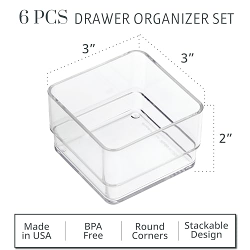 STORi SimpleSort 6-Piece Stackable Clear Drawer Organizer Set | 3" x 3" x 2" Square Trays | Small Makeup Vanity Storage Bins and Office Desk Drawer Dividers | Made in USA (Pack of 2) - size: 3x3x2" (Set of 6) (Pack of 2)