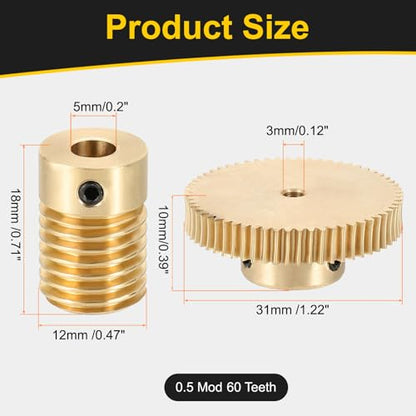 uxcell Worm Gear Set 60T 0.5 Module 60:1 Reduction Rate, Right Rotation Drive Gear Box Wheel Reduce Transmission Part (Brass Gear-3mm Bore, Brass Rod 5mm Bore) - size: Gear-3mm, Rod-5mm Bore, style: 0.5M-60T