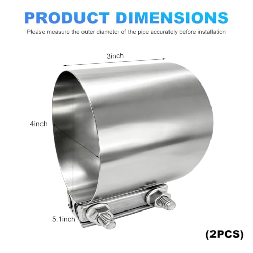 2 PCS Exhaust Clamp, Stainless Steel Butt Joint Band Muffler Clamp with Nuts, Durable Butt Joint Exhaust Pipe Sleeve Coupler Replacement for Most Vehicles, Car Accessories (4") - color: 4", 2 Pcs