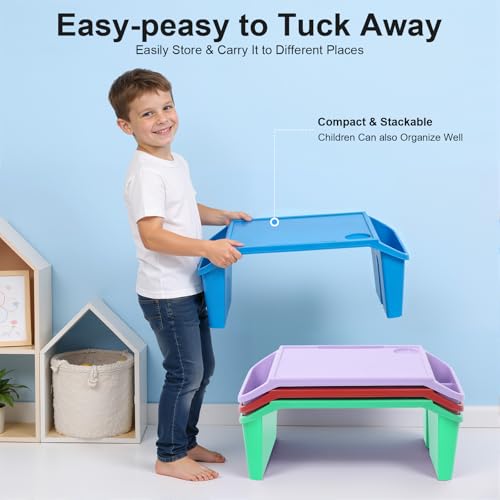 4 Pack Kids Lap Desk, Portable Kids Lap Tray with Side Storage, Stackable Plastic Desk for Drawing Reading Doing Homework, Lightweight, Easy to Clean, with Cup Holder and Phone Slot - size: Large