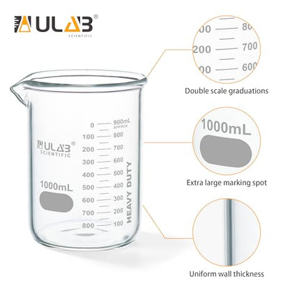 ULAB Scientific Glass Beakers, Vol. 1000ml, 3.3 Borosilicate Griffin Low Form with Printed Graduation, Pack of 2, UBG1017 - style: Vol.1000ml,Pack of 2