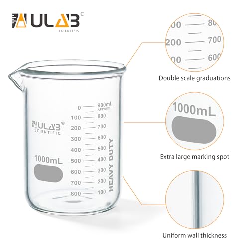 ULAB Scientific Glass Beakers, Vol. 1000ml, 3.3 Borosilicate Griffin Low Form with Printed Graduation, Pack of 2, UBG1017 - style: Vol.1000ml,Pack of 2