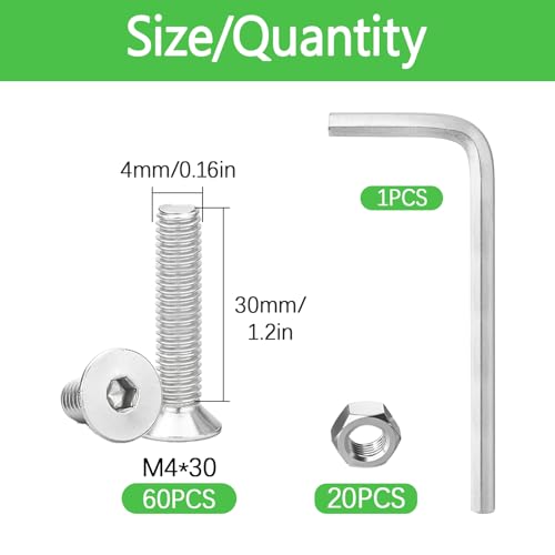 80Pcs M5x30mm Stainless Steel Flat Head Socket Cap Screws, Full Thread Allen Drive Countersunk Bolts, Bright Finish, Ideal for DIY & Home Repair - size: M4x30