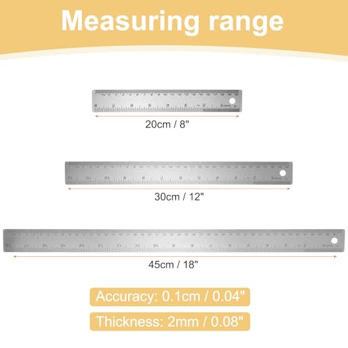 HARFINGTON 3pcs Stainless Steel Metal Ruler 20/30/45cm Straight Edge with Cork Backing Non-Slip Inch Metric Metal Ruler for Classroom Office Home Engineering Drafting Tools - size: 20/30/45cm