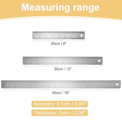 HARFINGTON 3pcs Stainless Steel Metal Ruler 20/30/45cm Straight Edge with Cork Backing Non-Slip Inch Metric Metal Ruler for Classroom Office Home Engineering Drafting Tools - size: 20/30/45cm