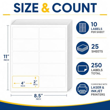 25 Sheets 2" x 4" Matte White Waterproof Printable Rectangle Bottle Labels - size: 10up-25 sheets