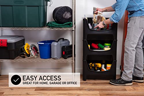 Mighty Tuff Jumbo Stackable Storage Bins, Pack of 3, Easy-Access Storage, Large Easy-to-Grip Handles, Wide Front Opening, Interlocking, Stack Vertically, Black - size: Jumbo