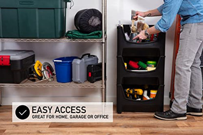 Mighty Tuff Jumbo Stackable Storage Bins, Pack of 3, Easy-Access Storage, Large Easy-to-Grip Handles, Wide Front Opening, Interlocking, Stack Vertically, Black - size: Jumbo