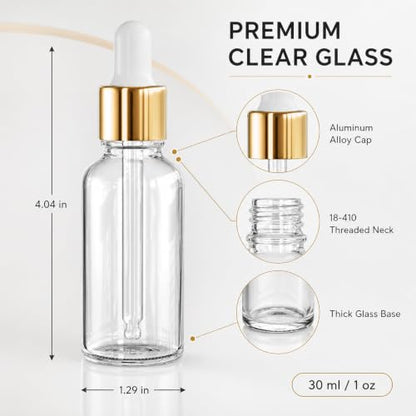 PrettyCare Glass Dropper Bottles 99 Pack, 1oz (30ml) Clear Empty Thick Bottles Bulk with Leakproof Golden Caps - With Labels & Funnels for for Storage, Travel,Essential Oils, DIY Serums - color: 1oz Clear, style: 99 Pack