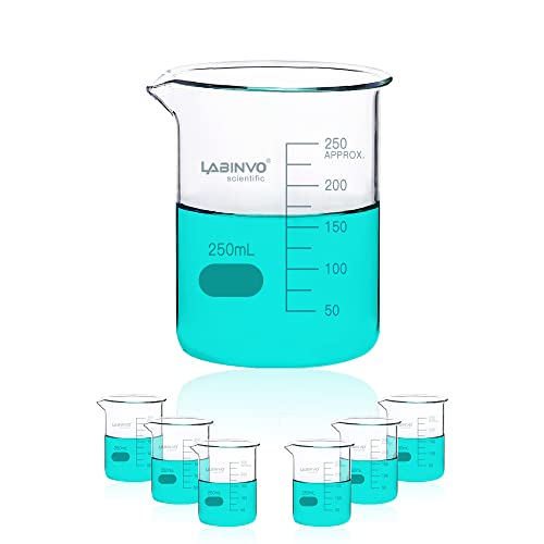 Low Form Graduated Glass Beaker, 6pcs of Vol.250ml, 3.3 Borosilicate Glass Beaker Set, IN-BKL250 - style: 6 PCS of 250 mL