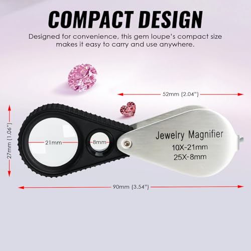 Dual Lens Jewelers Loupe Magnifier, 10X & 25X Pocket Foldable Jewelry Magnifier with 21mm and 8mm Optical Glass, Stainless Steel Body, Dual Lens Loupe for Jewelry, Gems, Coins, Stamps, Watch, etc