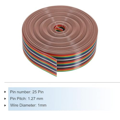 MECCANIXITY 1 Pcs 25 Pin Flat Rainbow Ribbon Cable 30 Ft 1.27mm Pitch Breadboard Jumper Wires for Electronic Projects - size: 30 Ft, style: 25P