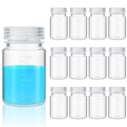 Tatuo 12 Pcs Plastic Sample Bottles with Screw Cap, Liquid Containers with Lid for Lab Reagent Sample Medicine Pill Water Storage, Travel Bottles(Clear,3oz 100ml,Wide Mouth-white Scale) - color: Clear, size: 3 oz 100 ml, style: Wide Mouth-white Scale