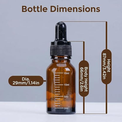3 Pcs 15ml 0.5oz Empty Refillable Amber Glass Graduated Dropper Bottle Essential Oil Cosmetics Elite Fluid Container Jar Pot Holder with Glass Pipette Dropper - size: 15 ml