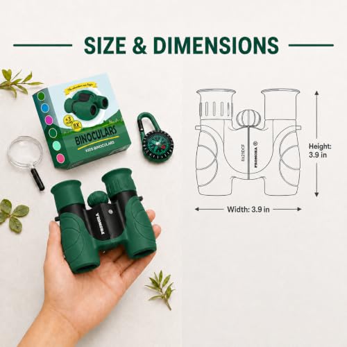 Binoculars for Kids – Perfect Toy for Little Boys and Girls – Extensive Set Incl. Magnifying Glass & Compass – Powerful Magnification 8X21 – 3 to 12 Year Old Kids for Toddler - color: Dark Green