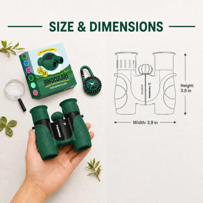 Binoculars for Kids – Perfect Toy for Little Boys and Girls – Extensive Set Incl. Magnifying Glass & Compass – Powerful Magnification 8X21 – 3 to 12 Year Old Kids for Toddler - color: Dark Green