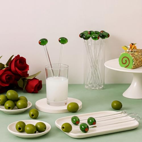 Qinyoung 12 Pcs Glass Martini Drink Stirrers 7 Inch Olive Swizzle Sticks for Cocktails Coffee Reusable Olive Beverage Stir Sticks for Birthday Party Coffee Bar Kitchen Bar Weddings - style: Martini Olive