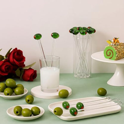 Qinyoung 12 Pcs Glass Martini Drink Stirrers 7 Inch Olive Swizzle Sticks for Cocktails Coffee Reusable Olive Beverage Stir Sticks for Birthday Party Coffee Bar Kitchen Bar Weddings - style: Martini Olive